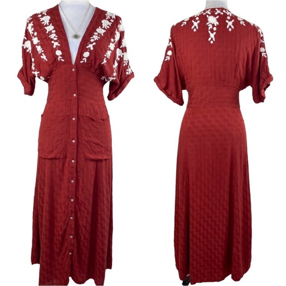 Free People Dresses & Skirts - Free People Love to Love You red midi dress with embroidery size XS